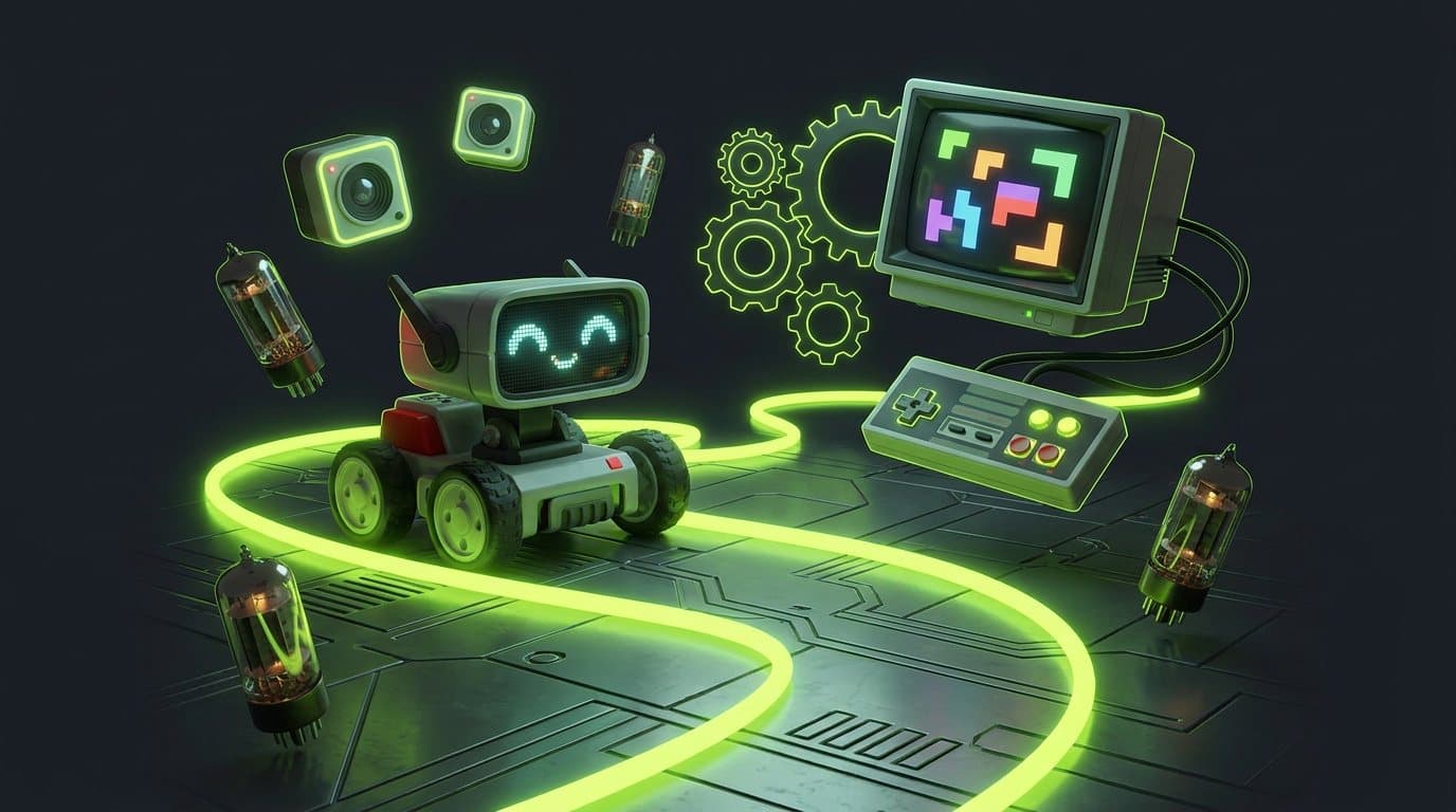 Illustration im Neon-Look: kleiner Roboter folgt einer leuchtenden Linie, daneben Controller und Sensoren
