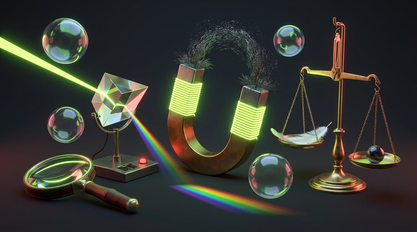 Illustration im Neon-Look: Hufeisenmagnet, Prisma mit Lichtstrahl, Lupe und schwebende Seifenblasen