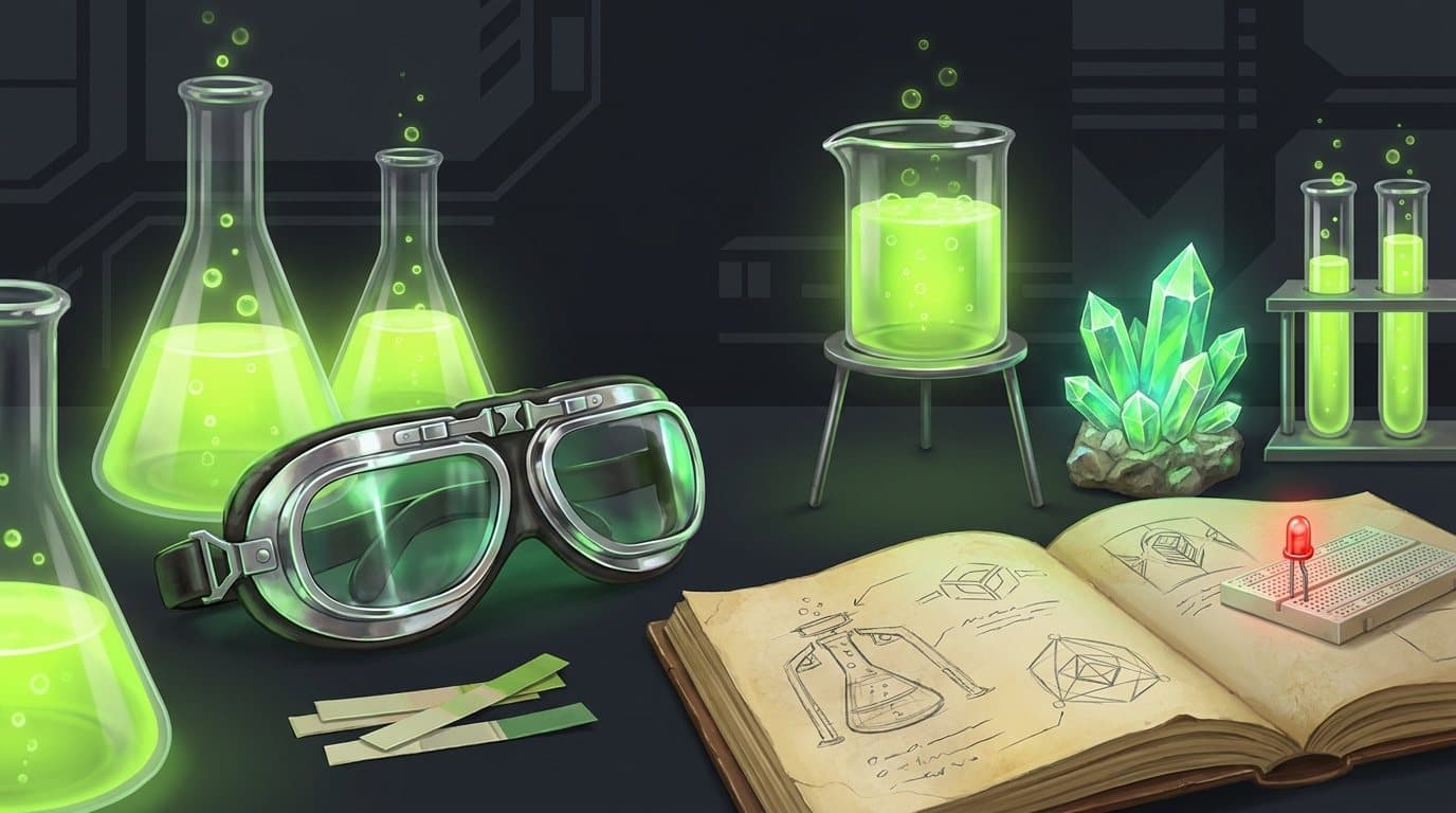 Illustration im Neon-Look: leuchtende Erlenmeyerkolben, Schutzbrille, Kristalle und Forschertagebuch